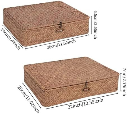 Moosky Flat Wicker Shelf Baskets with Lid, Handwoven Seagrass Basket