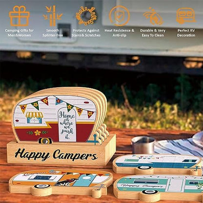 Wood Drink Coasters Set of 4, Happy Camper Cute Coasters with Holder