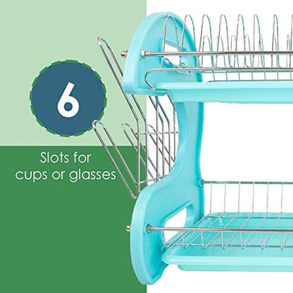 2 Tier Dish Drainer, by Home Basics (Turquoise) Dish Rack for Kitchen