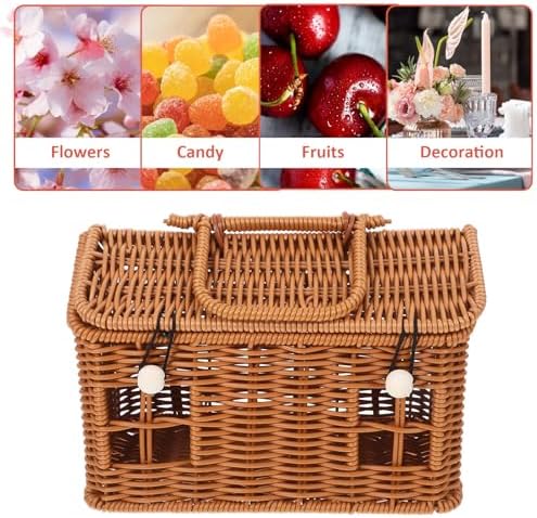 House Shaped Decorative Gift Basket with Lid and Handle Brown Plastic