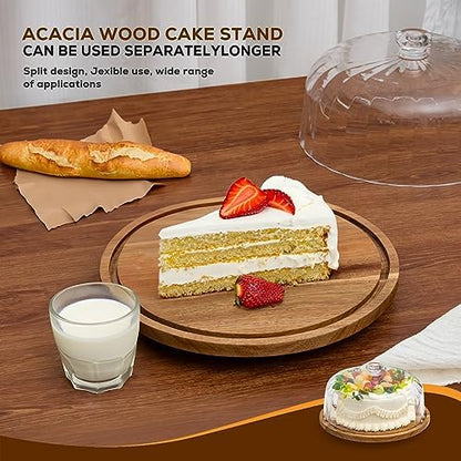 Cake Stand with Lid, Rotating Cake Holder with Dome, Wood Lazy Susan