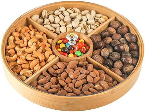 Hedume Bamboo Nuts Storage Platter Tray, Food Serving Tray with 5