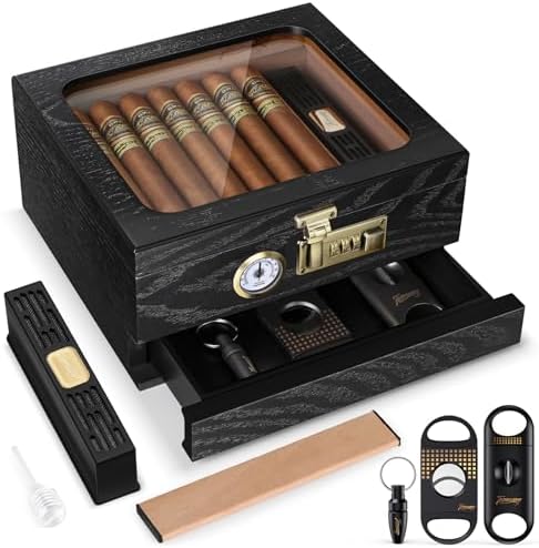 Tesonway Cigar Humidor, Cedar Wood Humidor Cigar Box, Glass Top