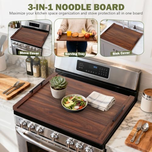 Noodle Board Stove Cover with Handles, Ultra Thick Wood Stove Top