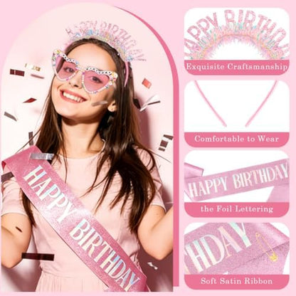 Atoden Happy Birthday Sash Headband Tiara Crown Sunglasses for Women