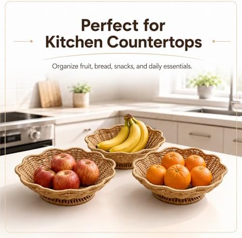 Faux Rattan Fruit Basket Tray, PP Handwoven Decorative Bowl for