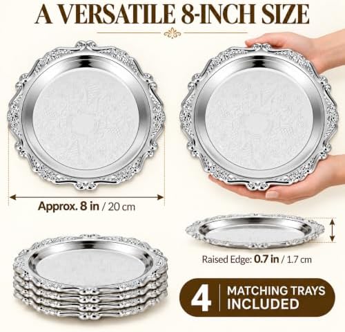 4 Pcs Vintage Silver Tray Indian Pooja Return Gift, Round Silver