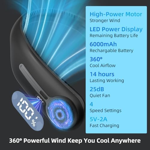 Portable Neck Fan, Personal Wearable Bladeless Fan, 6000mAh USB