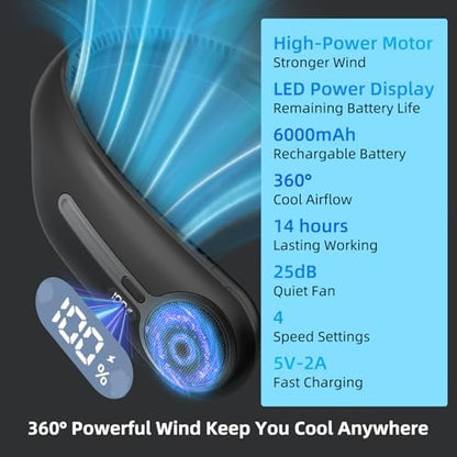 Portable Neck Fan, Personal Wearable Bladeless Fan, 6000mAh USB