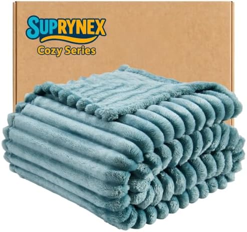 330GSM Ribbed Fleece Throw Blanket for Couch, Dusty Blue, 50"x60"