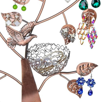 MyGift Bronze Jewelry Tree Stand with Bird Nest, Holds 48 Pairs of