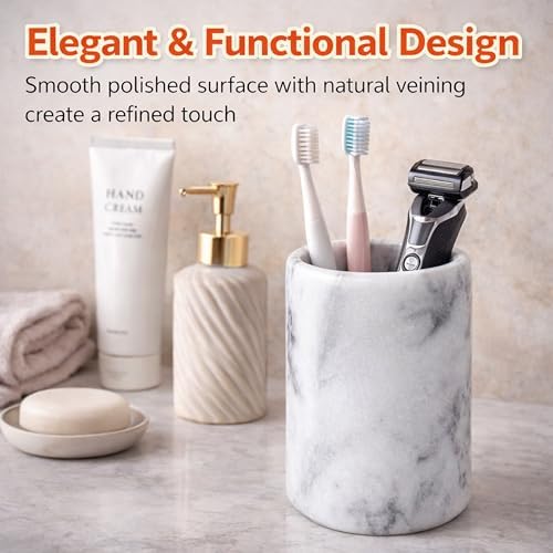 Creative Home White Marble Pen Holder, Heavy Stone Pencil Cup