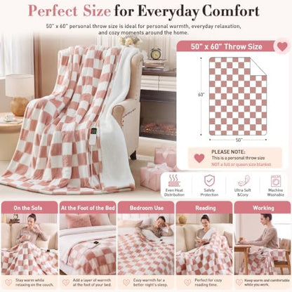 Pink Heated Blanket Electric Throw 50"X60", Heating Blanket Throw