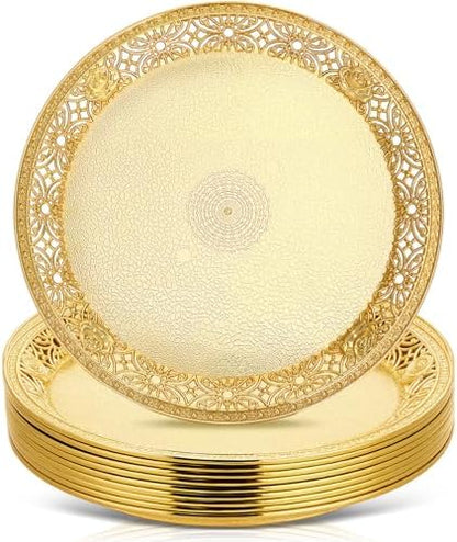 10 Pack Gold Plastic Serving Tray Bulk Lightweight Round Party Snack