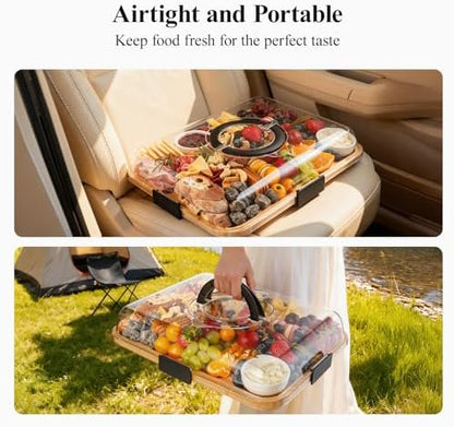 Portable Bamboo Charcuterie Board with Lid, 6 Compartments