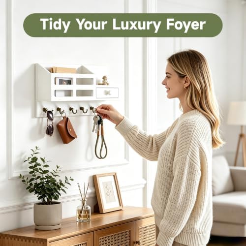White Key and Mail Holder for Wall with 6 Hooks and Storage Drawer