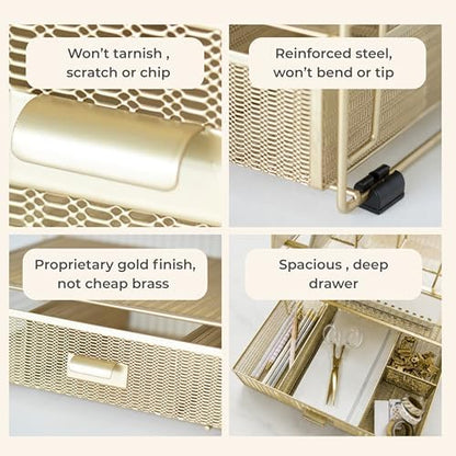 BLU MONACO | Gold Desk Organizer With Drawer | Metal Mesh File Holder