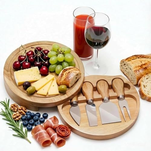 8" Round Wood Cheese Board Set with 4 Stainless Steel Knives & Hidden