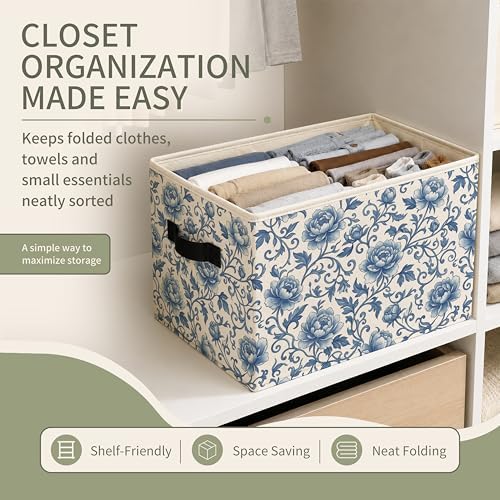 Chinoiserie Floral Storage Bins with Handles, Vintage Blue and White