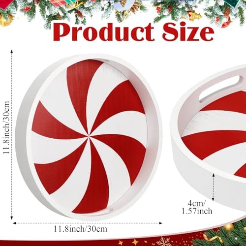 Christmas Serving Tray with Handles Xmas Round Wooden, Candy Cane