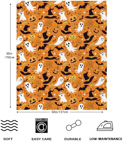 Orange Halloween Blanket, Spooky Pumpkin Ghosts Fleece Throw Blanket