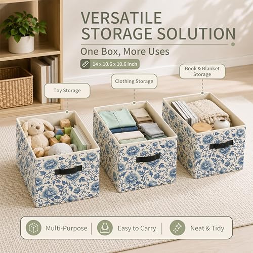 Chinoiserie Floral Storage Bins with Handles, Vintage Blue and White