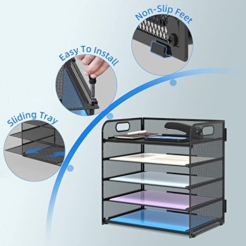 Supeasy 5 Trays Paper Organizer Letter Tray with Handle-Mesh Desk File