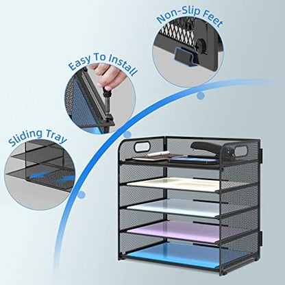 Supeasy 5 Trays Paper Organizer Letter Tray with Handle-Mesh Desk File