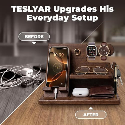 TESLYAR Wood Phone Docking Station for Men - Desk or Nightstand