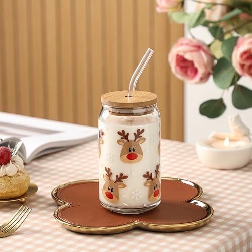 Christmas Reindeer Cup, 16oz Clear Glass Cups with Lids and Straws