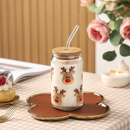 Christmas Reindeer Cup, 16oz Clear Glass Cups with Lids and Straws