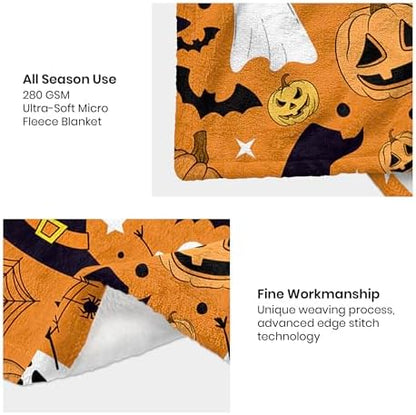 Orange Halloween Blanket, Spooky Pumpkin Ghosts Fleece Throw Blanket
