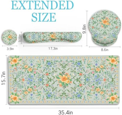 LIMKRIAN Floral Desk Mat Set, Cute Green Mouse Pad with Gel Wrist Rest