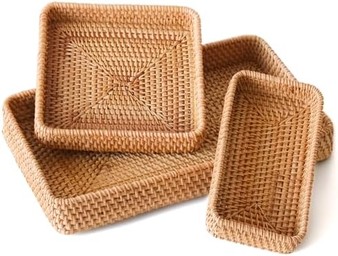 Rattan Serving Tray,Rectangle Wicker Storage Basket Set of 3 for