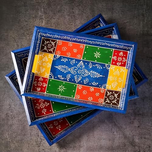 Swadeshi Blessings Hand-Painted Wooden Serving Tray Set of 3, Vintage