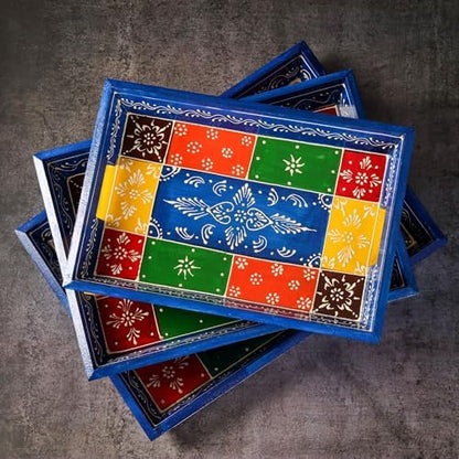 Swadeshi Blessings Hand-Painted Wooden Serving Tray Set of 3, Vintage