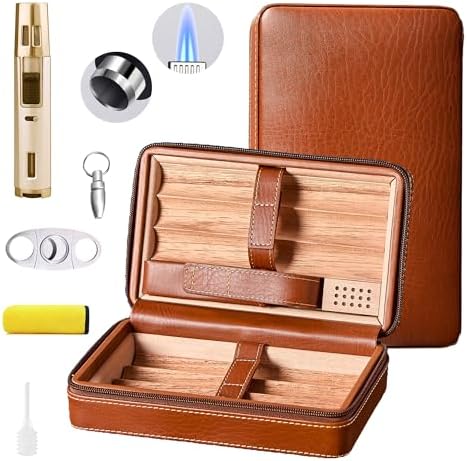 Leather Cigar Case, Travel Humidor Holds 7 Cigars, Brown Cedar Wood