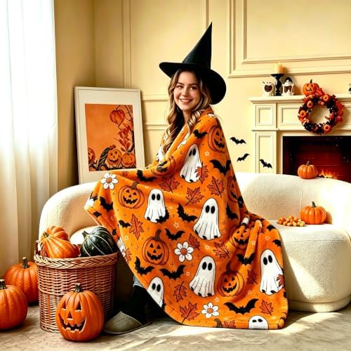 Halloween Cute Ghost Vintage Throw Blanket,Soft Cozy Flannel All