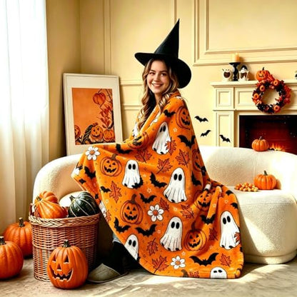 Halloween Cute Ghost Vintage Throw Blanket,Soft Cozy Flannel All