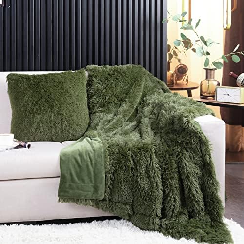 YUSOKI Long Faux Fur Throw Blanket, Olive Green,50" x 60"