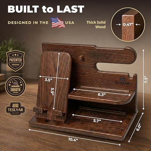 TESLYAR Wood Phone Docking Station for Men - Desk or Nightstand