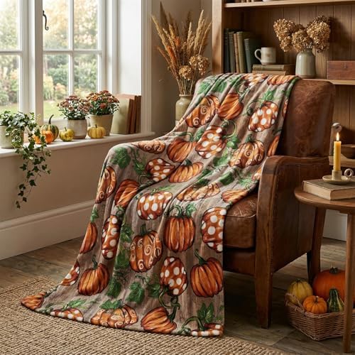 Horaldaily Fall Wood Plank Grain Pot Pumpkin Flannel Throw Blanket