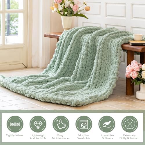 Chunky Knit Throw Blanket for Couch,40x50 Inches Sage Green
