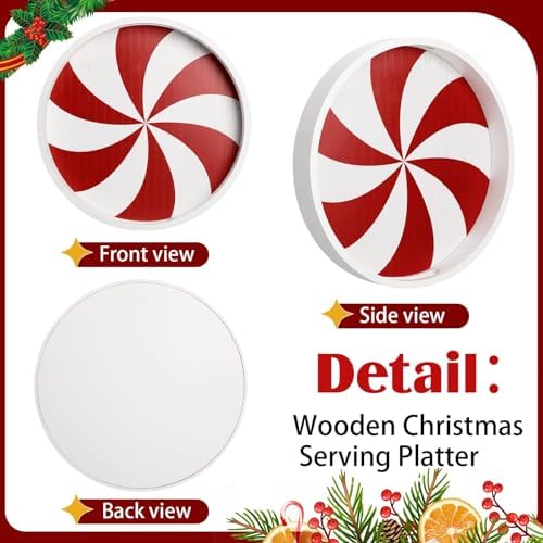 Christmas Serving Tray with Handles Xmas Round Wooden, Candy Cane
