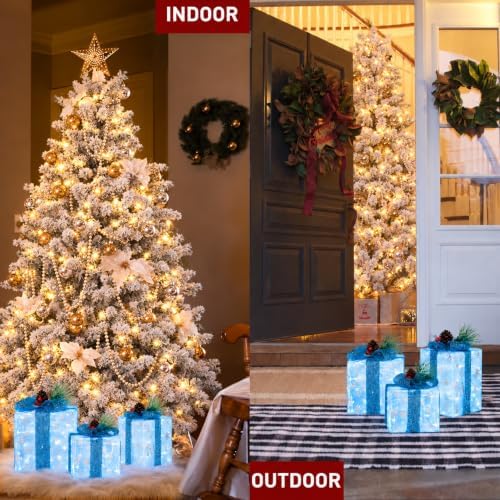 Set of 3 Snowflake Lighted Boxes, Blue