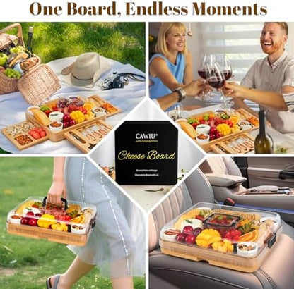 CAWIU Large Bamboo Charcuterie Board Set with Lid, Drawers, Black