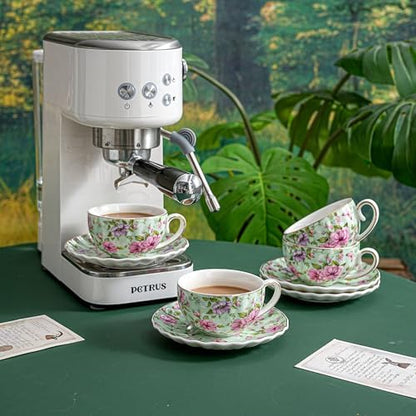 Agyiuns Tea Cup and Saucers, 6.4oz Floral Tea Cups with Gold Trim