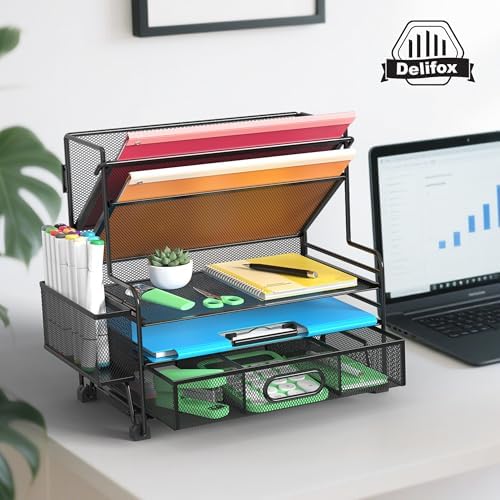 5 Tier Desk Organizer with Drawer & Pen Holders, Desk File Organizer