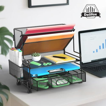 5 Tier Desk Organizer with Drawer & Pen Holders, Desk File Organizer