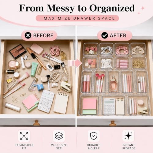 Adjustable Clear Drawer Storage Organizer, 16 Pack 3 Sizes Expandable
